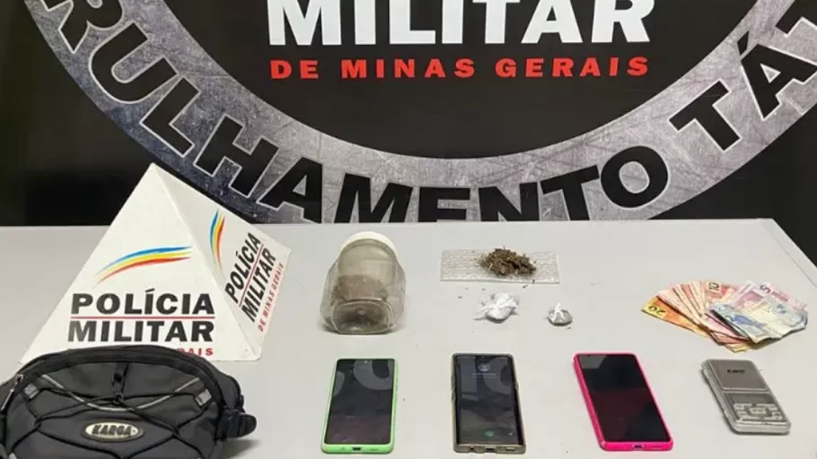 Polícia prende suspeito de tráfico de drogas e receptação em Itaúna. (Foto: Divulgação PMMG)
