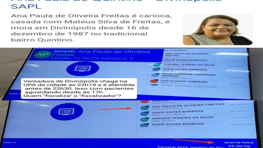 UPA de Divinópolis desmente privilegio em atendimento a vereadora. (FOTO: Reprodução Redes Sociais)