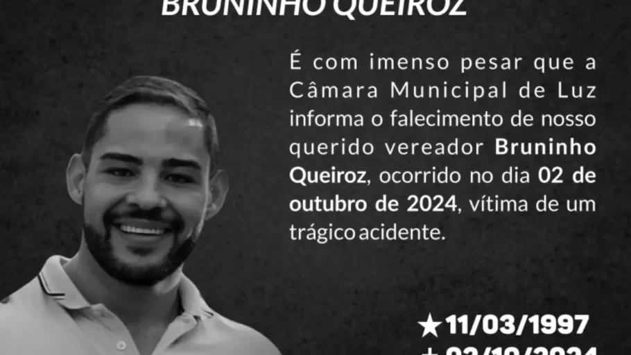 Câmara Municipal de Luz declara luto pelo falecimento do vereador Bruninho Queiroz